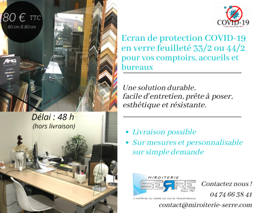 Ecran de protection COVID- 19 en verre feuilleté 33/2 ou 44/2 