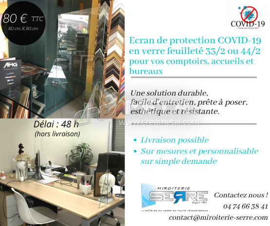 Ecran de protection COVID- 19 en verre feuilleté 33/2 ou 44/2 