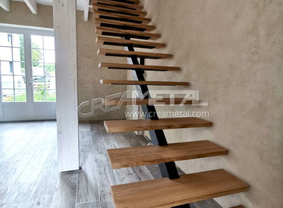 Escalier limon central droit en acier et bois proche de Châtillon-sur-Chalaronne (01)